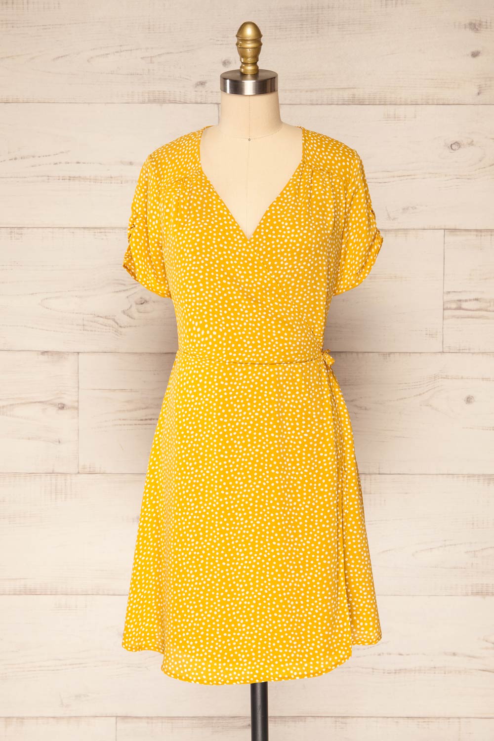 Krustil Mustard Polka Dot Short Wrap Dress | La petite garçonne